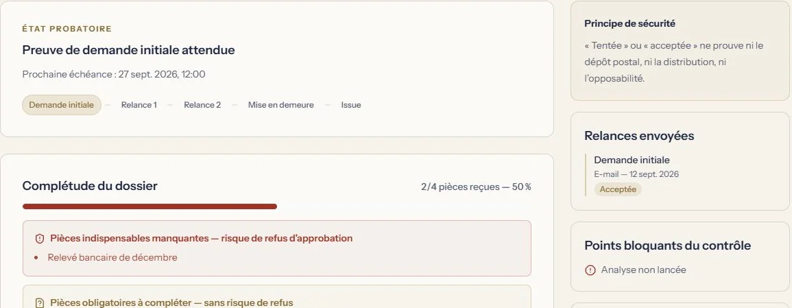Écran de collecte : état probatoire, complétude du dossier à deux pièces reçues sur quatre, pièce indispensable manquante, relances envoyées.