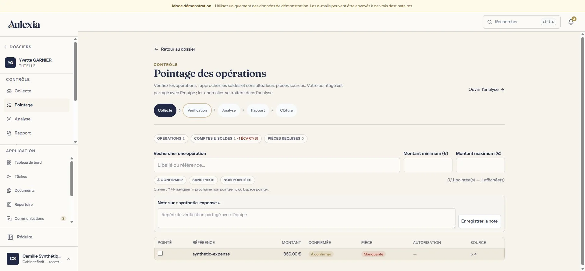 Écran de pointage des opérations : onglets opérations, comptes et soldes avec un écart signalé, filtres, tableau avec une opération de 850 euros à confirmer dont la pièce est manquante.