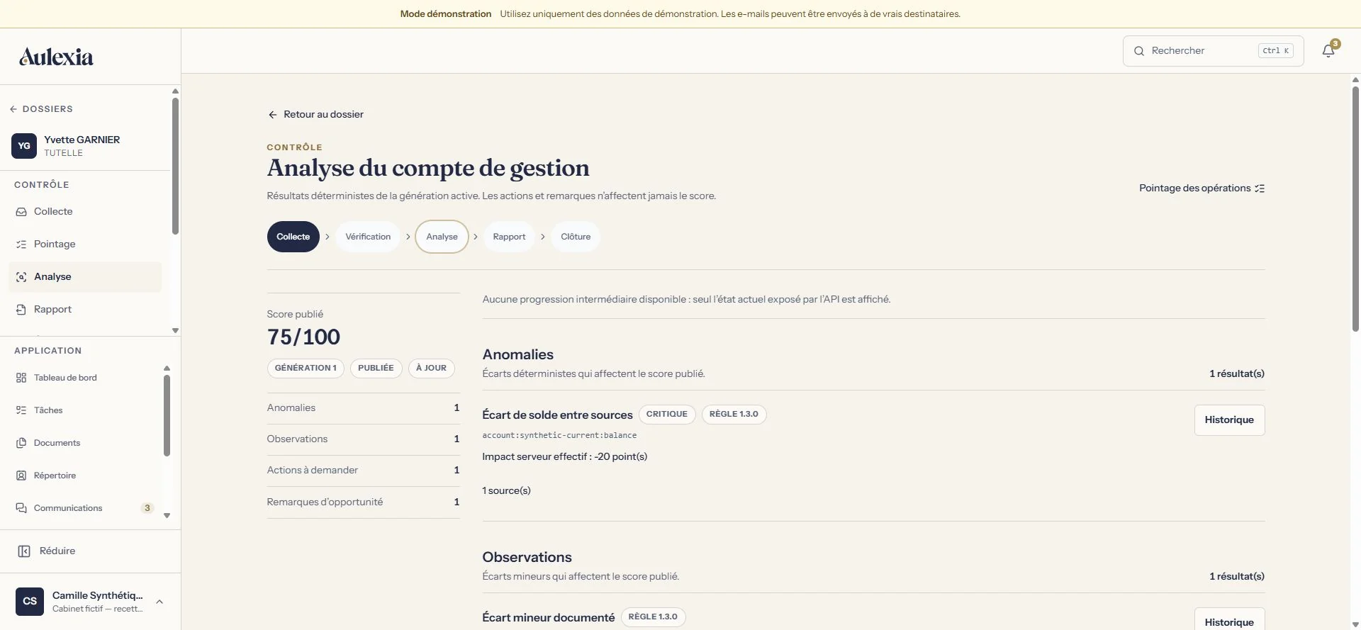Écran d’analyse : score publié 75 sur 100, compteurs d’anomalies, observations, actions à demander et remarques, une anomalie d’écart de solde avec sa règle et son historique.
