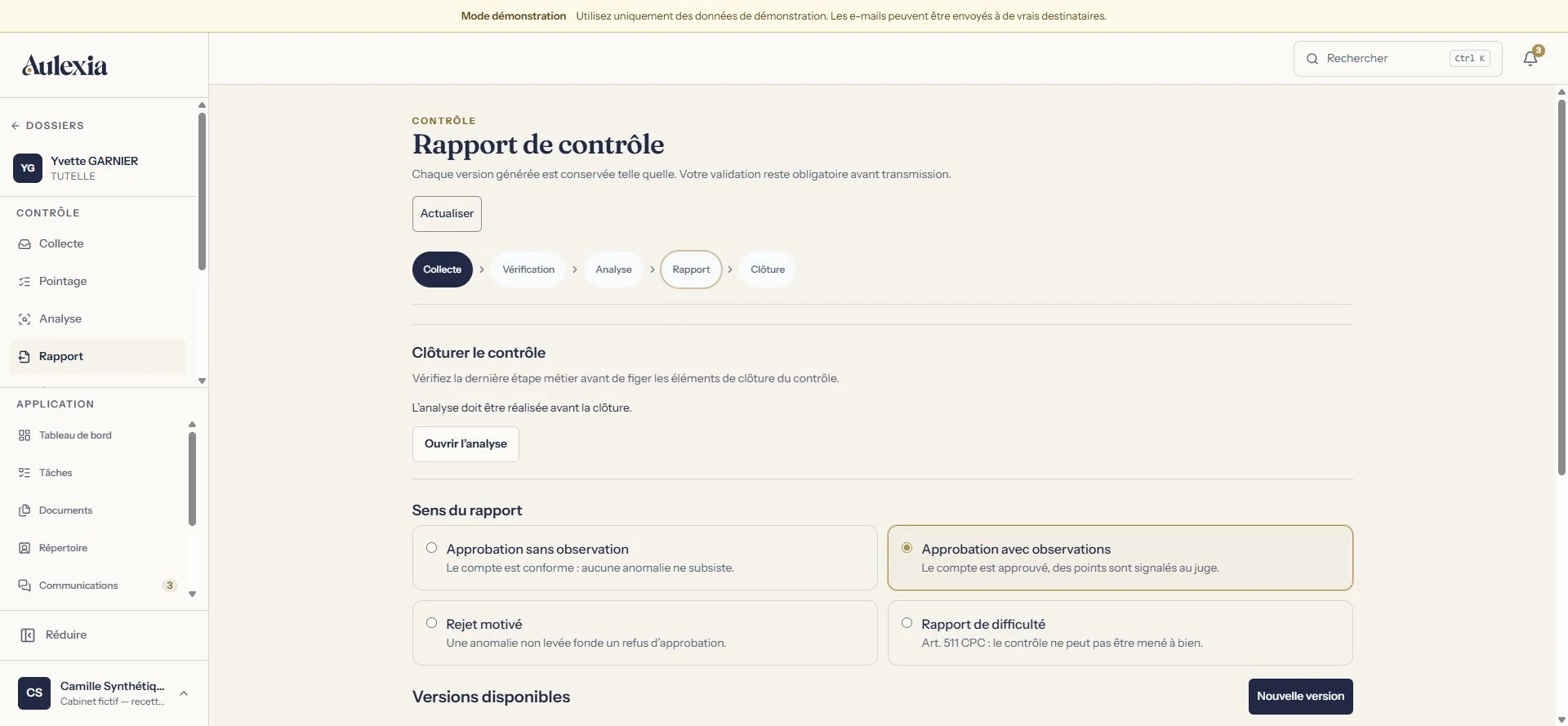 Écran du rapport de contrôle : clôture du contrôle, choix du sens du rapport parmi quatre options, versions disponibles.