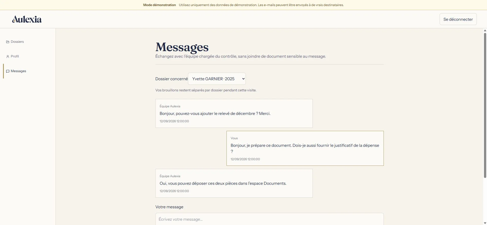 Espace du mandataire, page Messages : fil d’échanges par dossier avec l’équipe chargée du contrôle.
